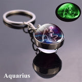 12 Luminous Glow In The Dark Zodiac Glass Ball Pendant Key Chain Holder  (Unisex)