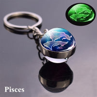 12 Luminous Glow In The Dark Zodiac Glass Ball Pendant Key Chain Holder  (Unisex)