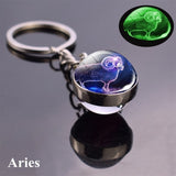 12 Luminous Glow In The Dark Zodiac Glass Ball Pendant Key Chain Holder  (Unisex)