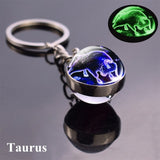 12 Luminous Glow In The Dark Zodiac Glass Ball Pendant Key Chain Holder  (Unisex)