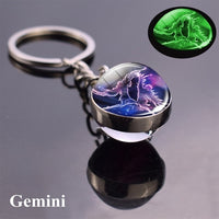 12 Luminous Glow In The Dark Zodiac Glass Ball Pendant Key Chain Holder  (Unisex)