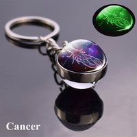 12 Luminous Glow In The Dark Zodiac Glass Ball Pendant Key Chain Holder  (Unisex)